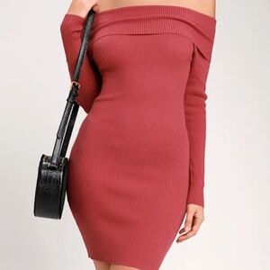 NYT Lulus Mademoiselle Berry Pink Ribbed Off-the-Shoulder Bodycon Dress - Large